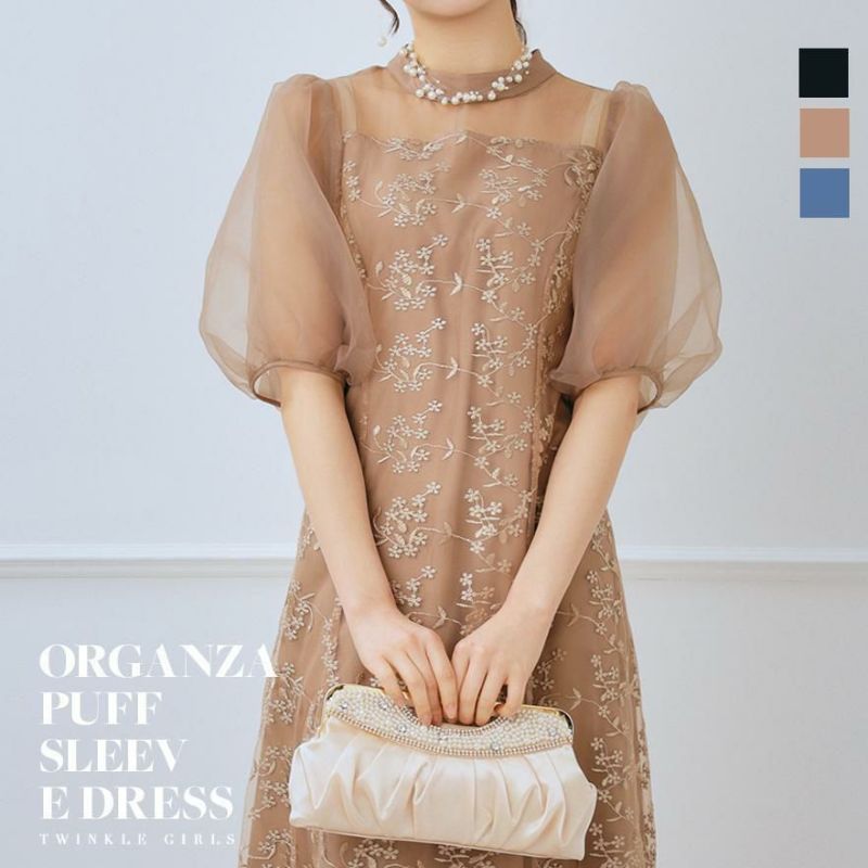 大きめパフスリーブと小花柄の刺繍レースワンピースドレス